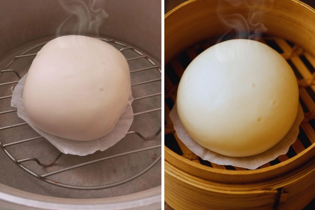 老麵饅頭加熱方法對比：電鍋與竹蒸籠的兩種工具，適用不同顆數的加熱時間。