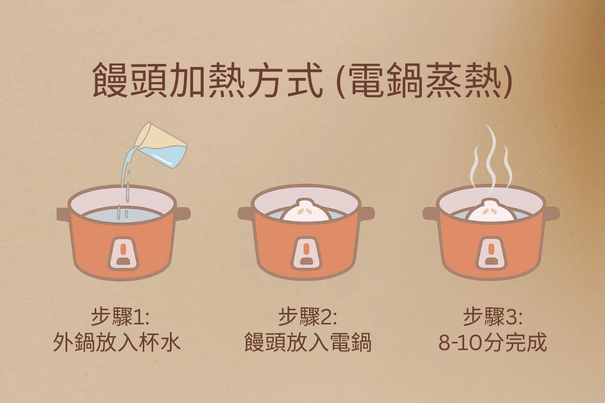 電鍋加熱老麵饅頭的三步驟操作流程，外鍋一杯水8到10分鐘完成